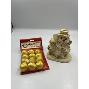 Ceramic Snowman & Child Tea Light 4 1/2" Tall+ Vintage SMALL Yellow Satin Balls